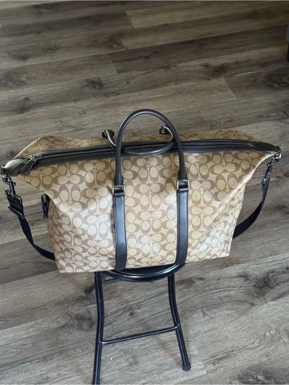 Coach Brown/Chalk Signature Canvas Duffel with Black Trim